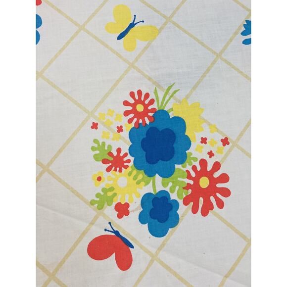 1960s Mod Retro Flower Power Table cloth Round Butterfly Blue Red Yellow 68" Che - Picture 6 of 14